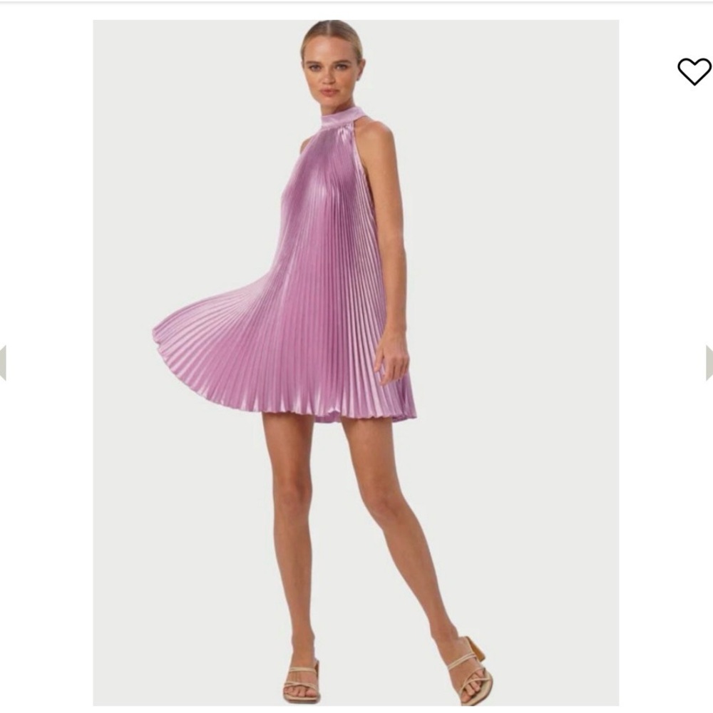 Pleated Halter Neck Mini Dress Lavender Metallic Satin Party Cocktail Swing XS